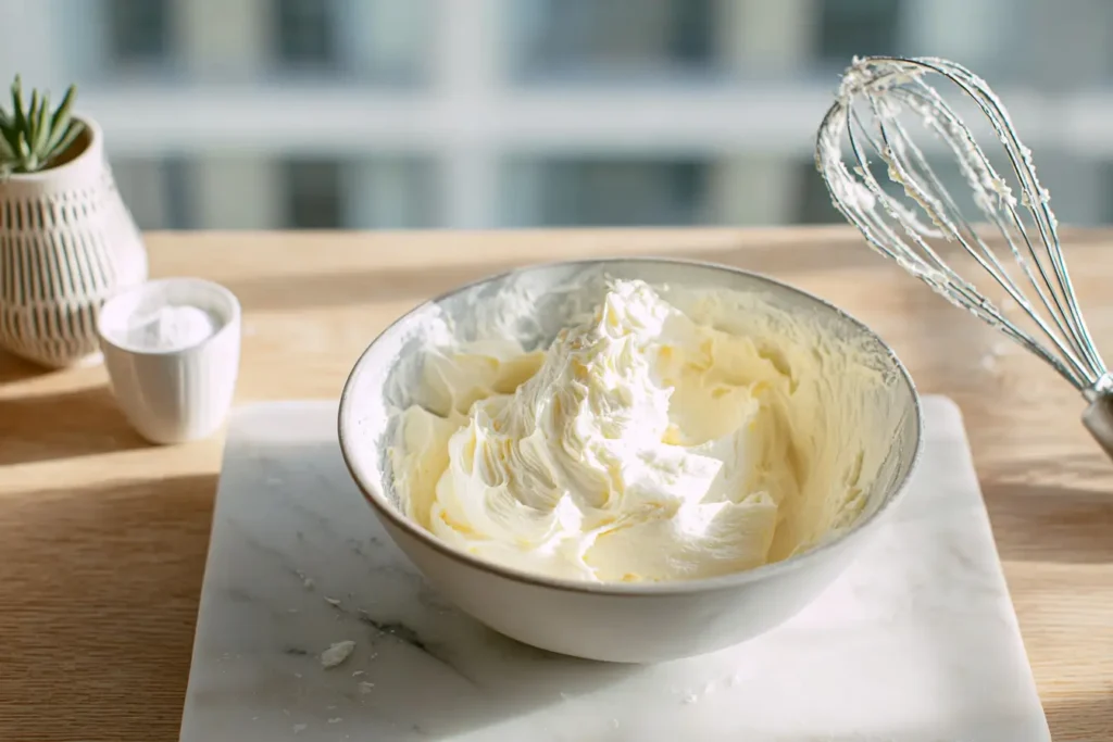 Cremige Buttercreme ohne Pudding wird in moderner Küche aufgeschlagen