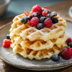 Fluffige glutenfreie Waffeln mit Beeren und Puderzucker auf einem Teller – ideales Frühstück ohne Gluten