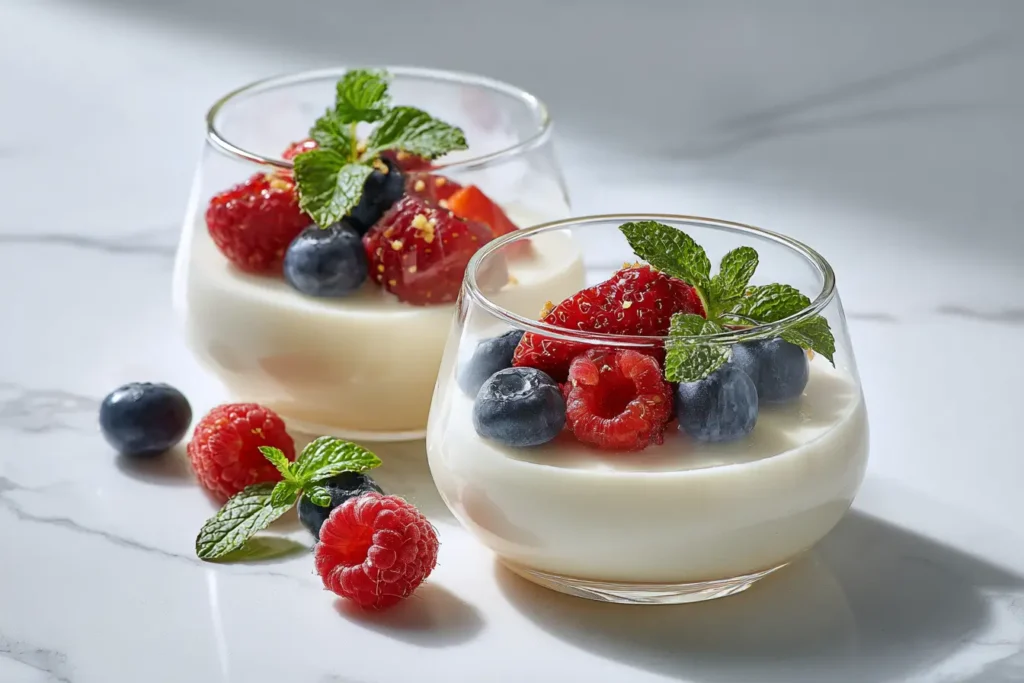 Original italienische Panna Cotta im Glas, cremig, modern serviert mit Beeren und Minze auf weißem Marmor