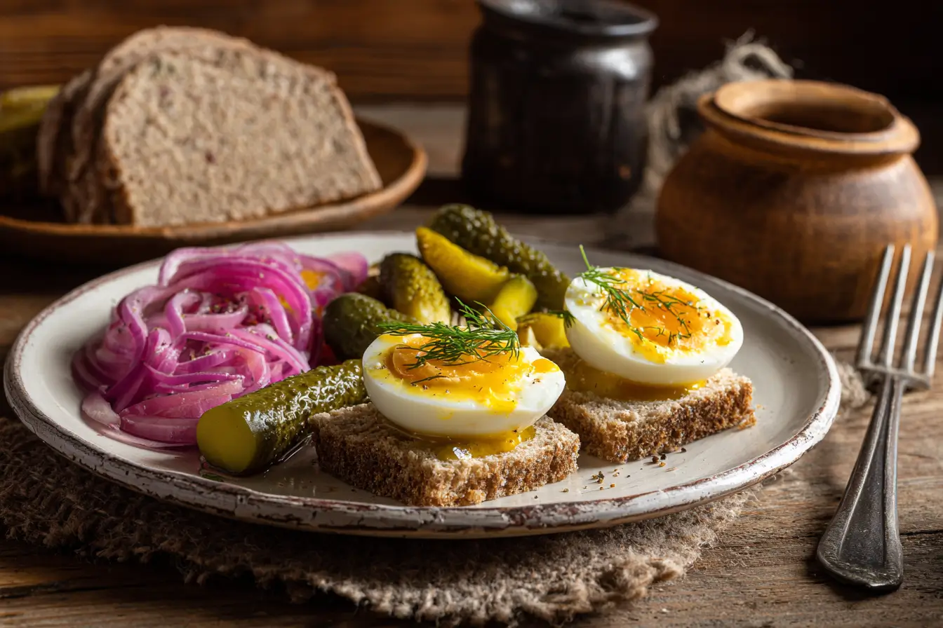 Servierte Soleier mit Senf, Brot und Gurken auf rustikalem Teller