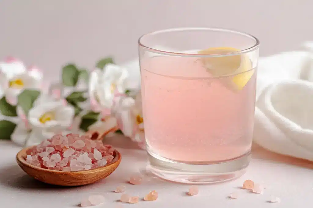 A refreshing glass of pink salt lemonade with a lemon slice, served beside a wooden spoon of pink Himalayan salt crystals.
