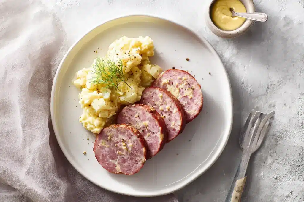 leberkäse aus dem backofen mit kartoffelsalat serviert