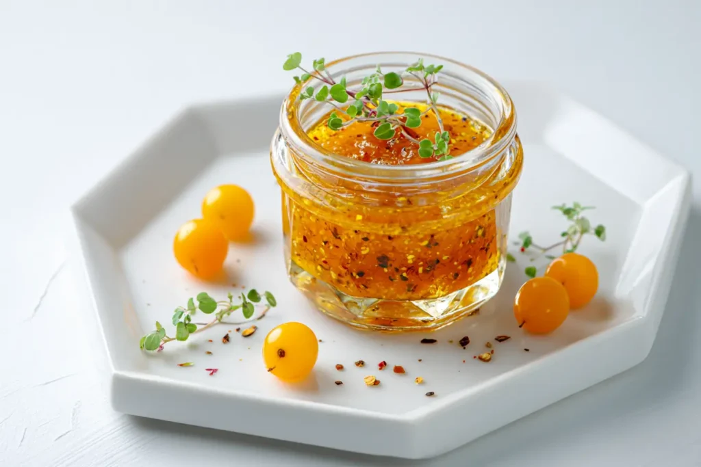Modern angerichtetes pikantes Mirabellen-Chutney