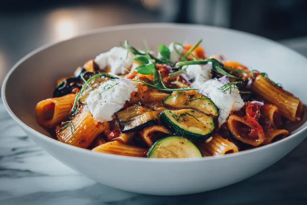 Pasta mit Aubergine und Zucchini auf modernem Teller mit Basilikum und Tomaten