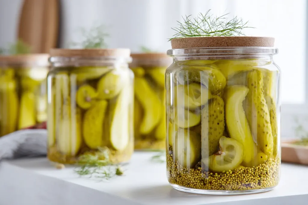 Modernes Senfgurken Rezept DDR im eleganten Glas mit Dill und Senfkörnern