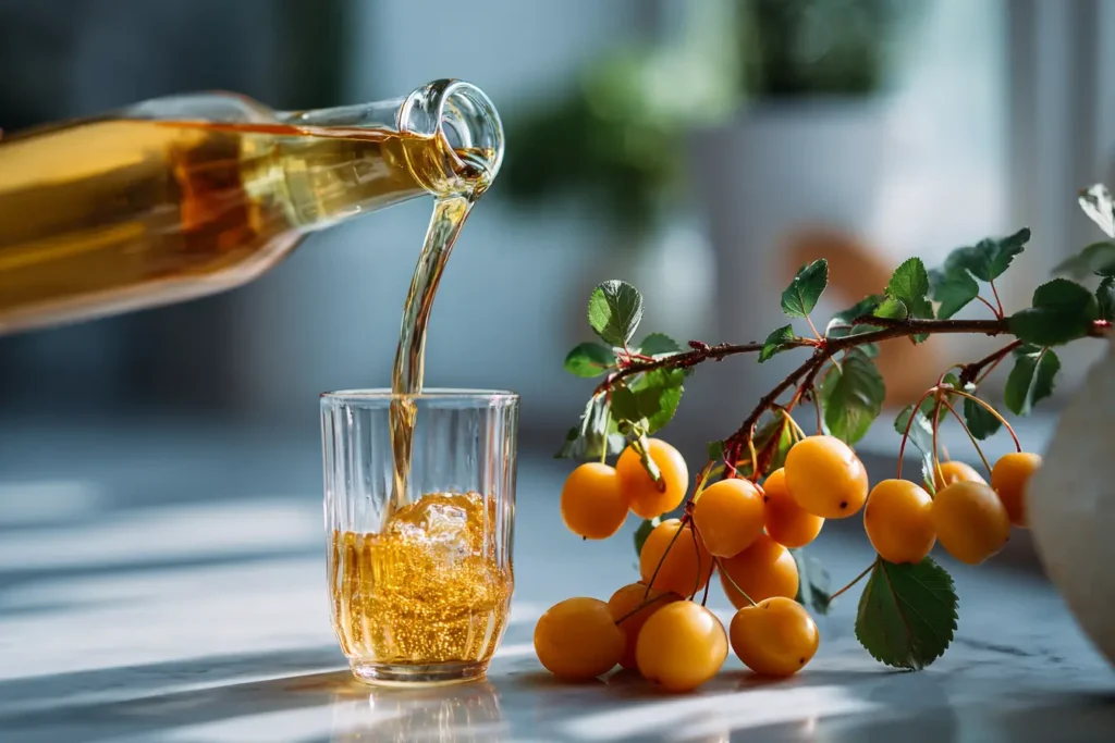 Selbstgemachter Mirabellensirup wird in einer modernen Küche in Glasflaschen abgefüllt.