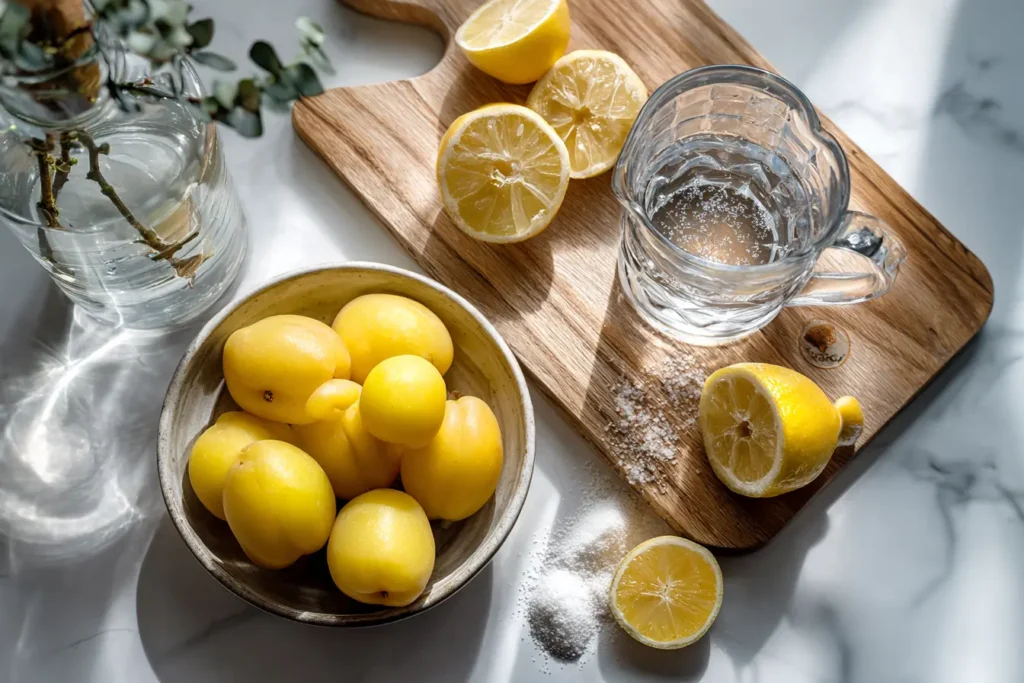 Zutaten für Mirabellensirup: frische Mirabellen, Zucker, Zitronen und Wasser auf einem Holzbrett.