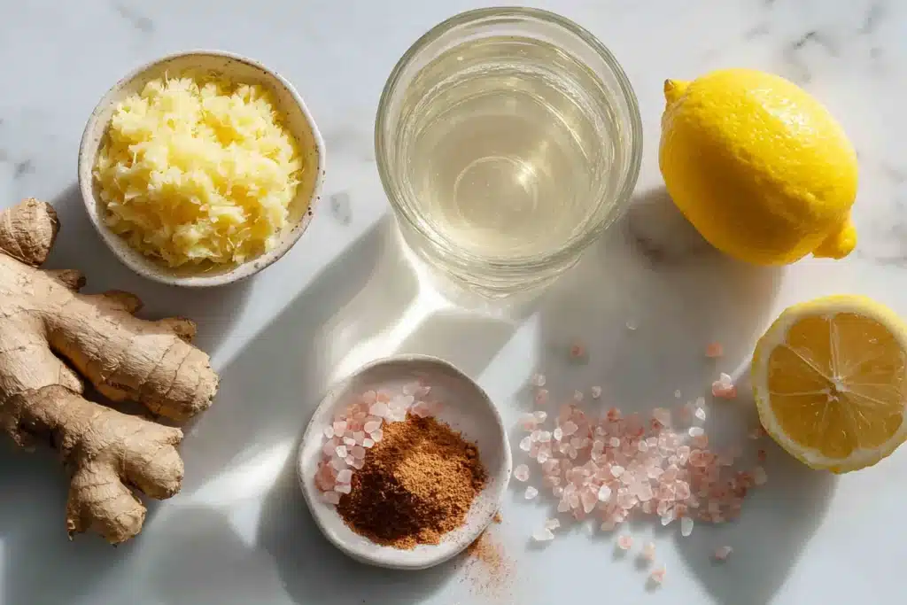 zutaten fuer ingwer zimt drink mit kurkuma zitrone und apfelessig