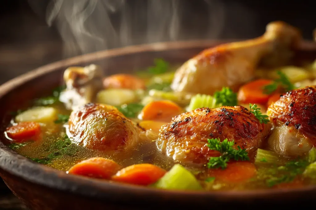 Hühnersuppe mit Hähnchenschenkel und frischem Gemüse
