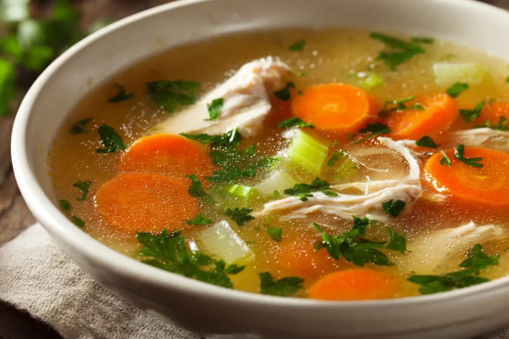 Klassische Hühnersuppe mit Gemüse im weißen Teller