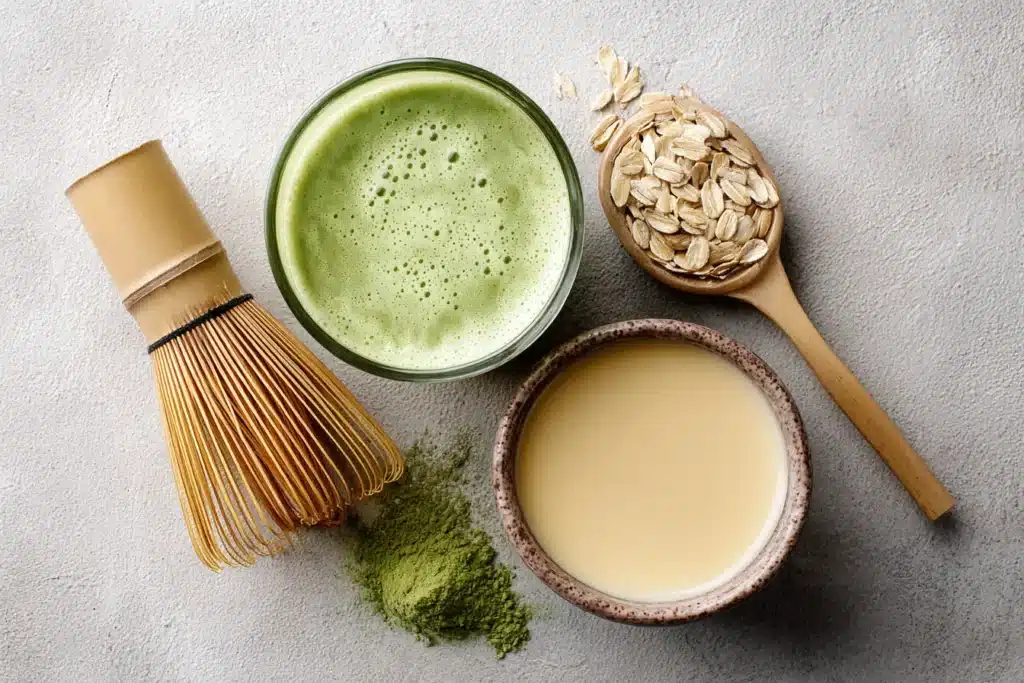 Matcha Latte mit Bambusbesen und Hafermilch