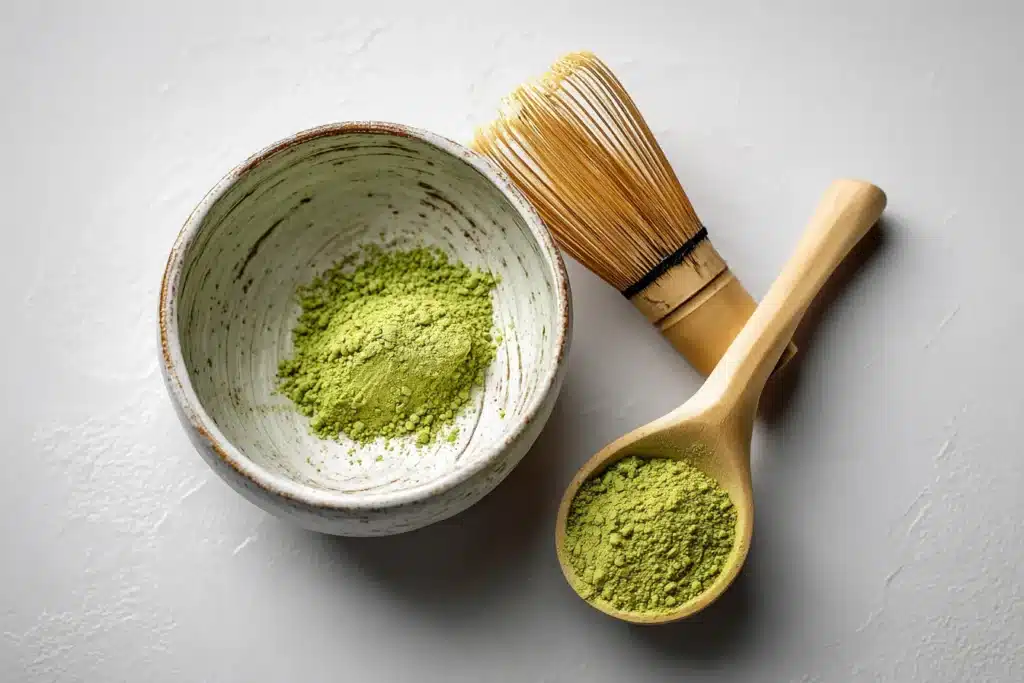 Klassische Matcha Zubereitung mit Bambusbesen und Schale