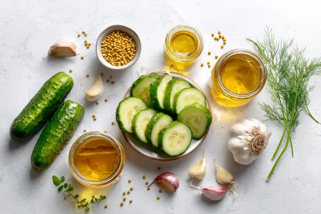 Zutaten für Senfgurken: Essig, Zucker, Senfkörner und Dill