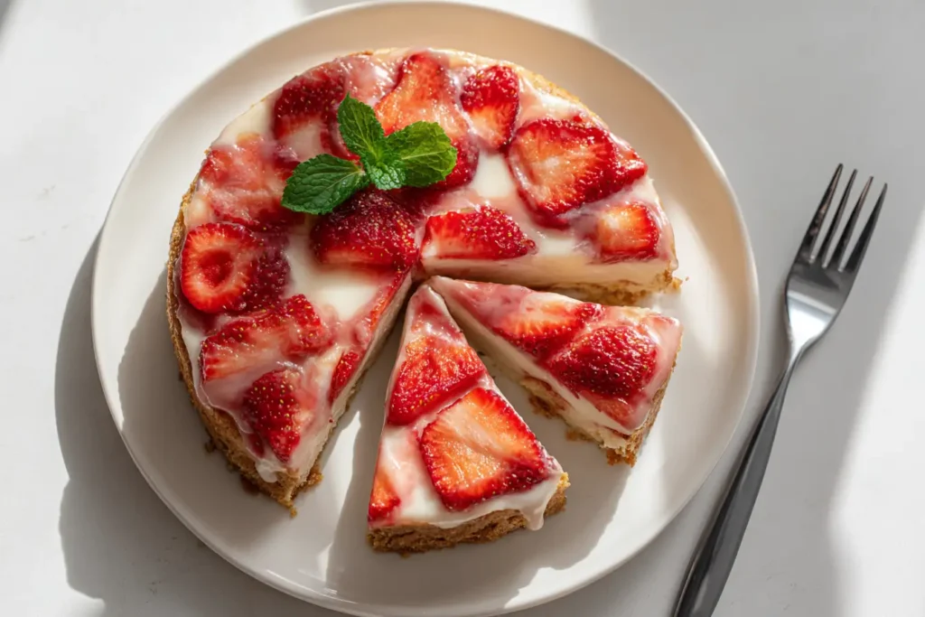 Erdbeer-Joghurt-Torte ohne Backen mit Gelatine auf Teller serviert