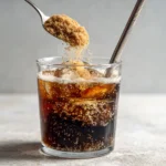 Nahaufnahme: Frisch geriebener Ingwer fällt in ein Glas Cola mit Zimt