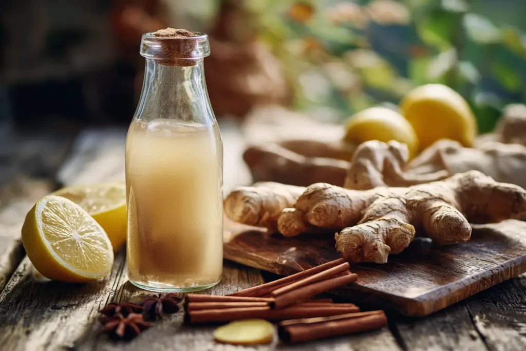 Ingwer‑Trick Getränk neben Frühstückssetting mit Obst und Tee