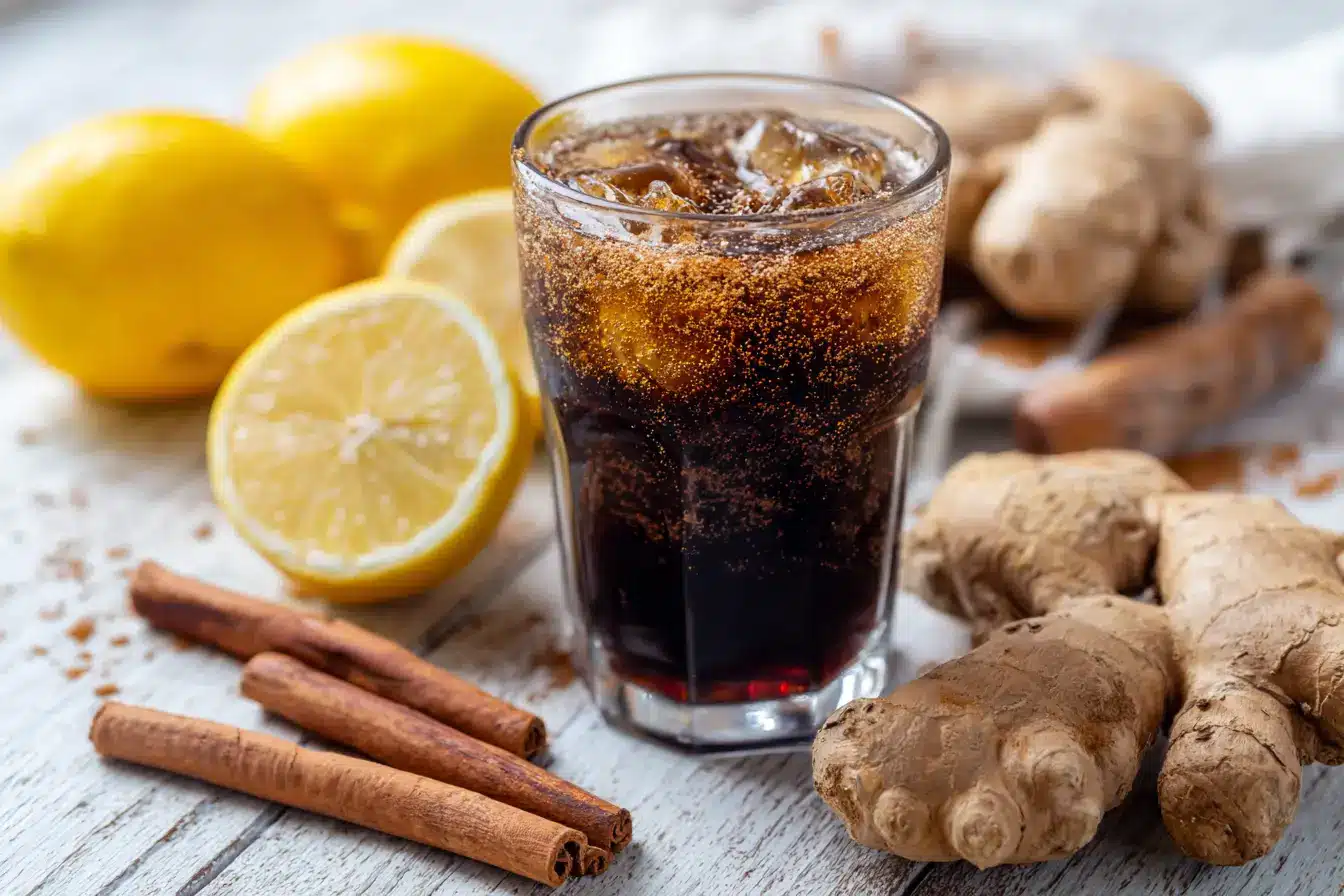 Glas mit Ingwer‑Zimt‑Cola, umgeben von frischem Ingwer, Zimtstangen und Zitrone