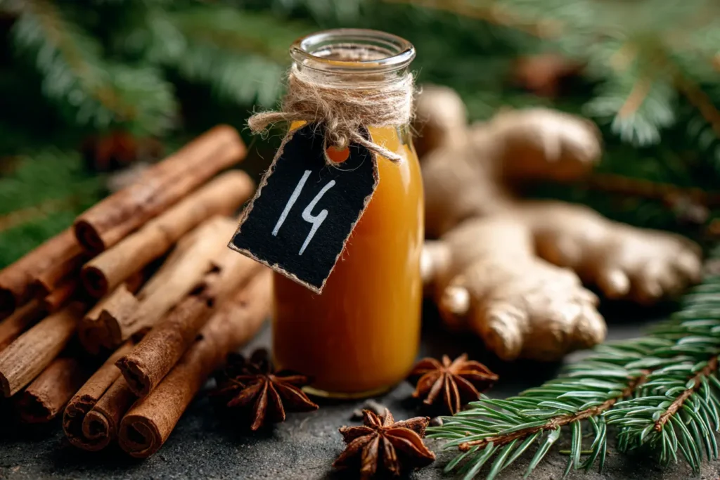DIY Adventskalender mit kleinen Ingwer-Shot-Flaschen in Weihnachtsoptik