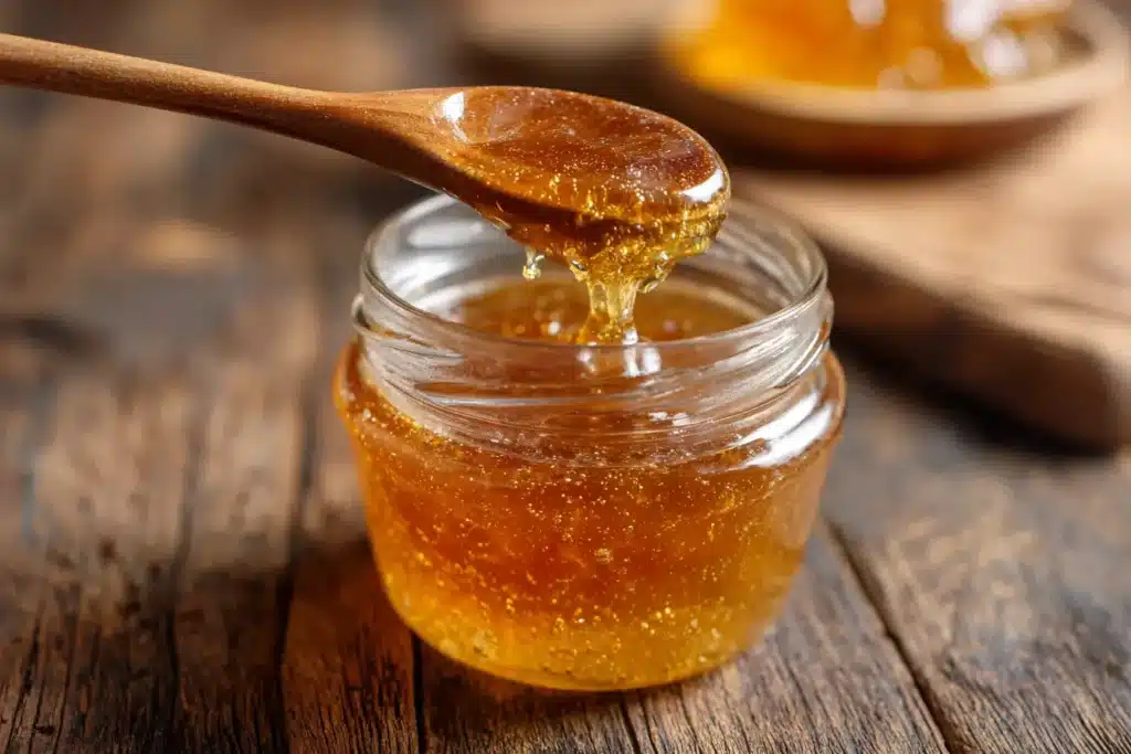 Agavendicksaft in Glas mit Holzlöffel