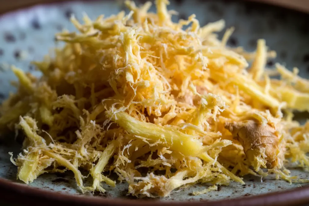 Frisch geriebener Ingwer auf einem Holzbrett – Vorbereitung für Detox-Tee und Abnehm-Rezepte