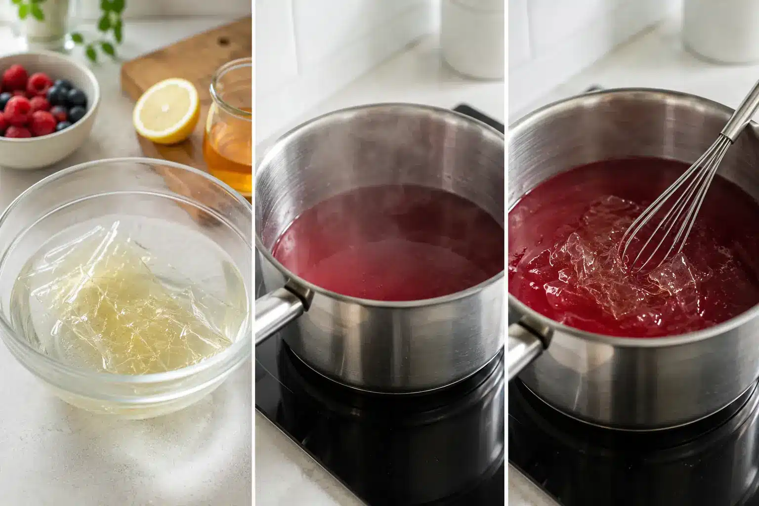 Gelatine einweichen und im warmen Fruchtsaft für Gummibärchen auflösen