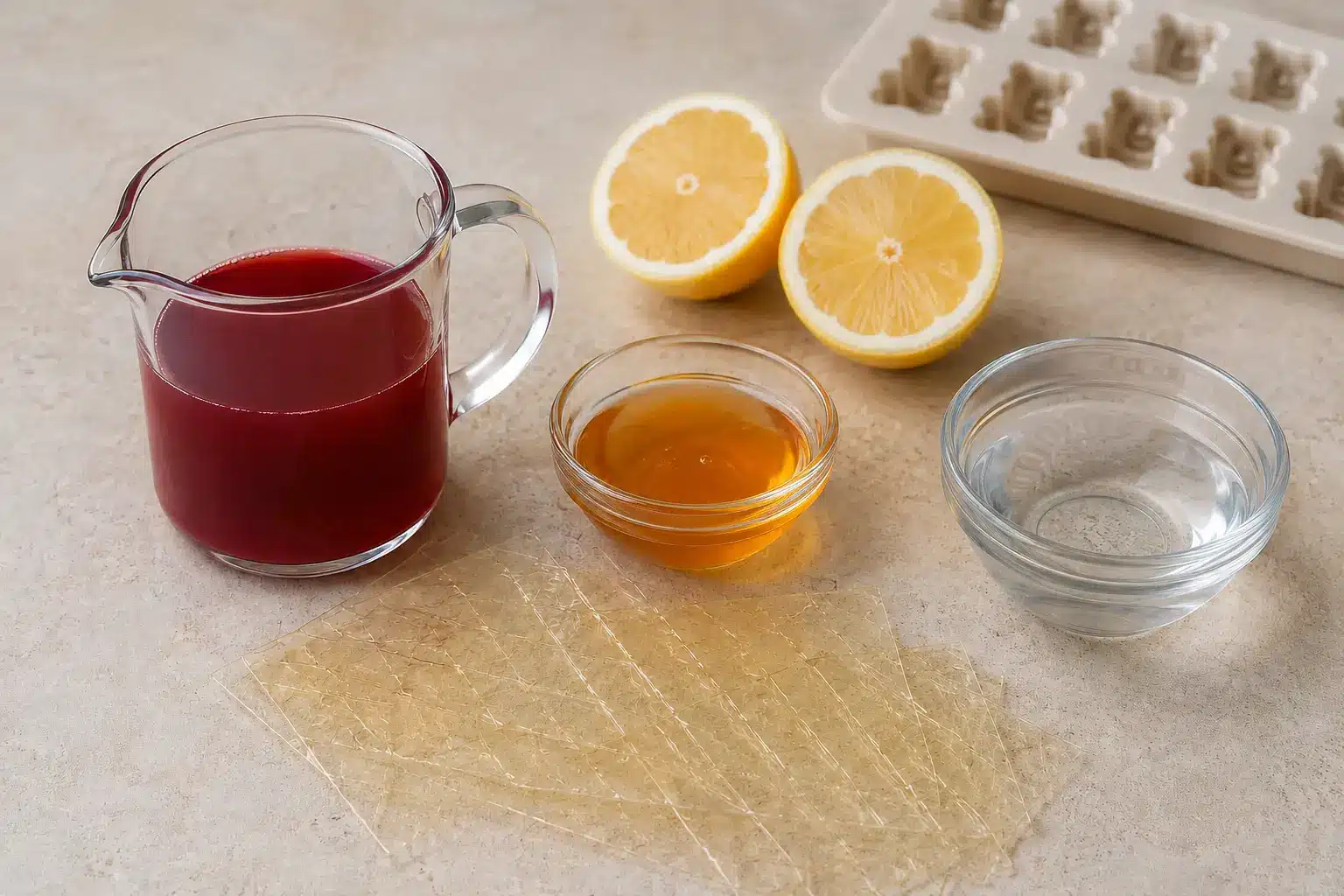 Fruchtsaft, Gelatine, Honig und Zitrone für selbstgemachte Gummibärchen