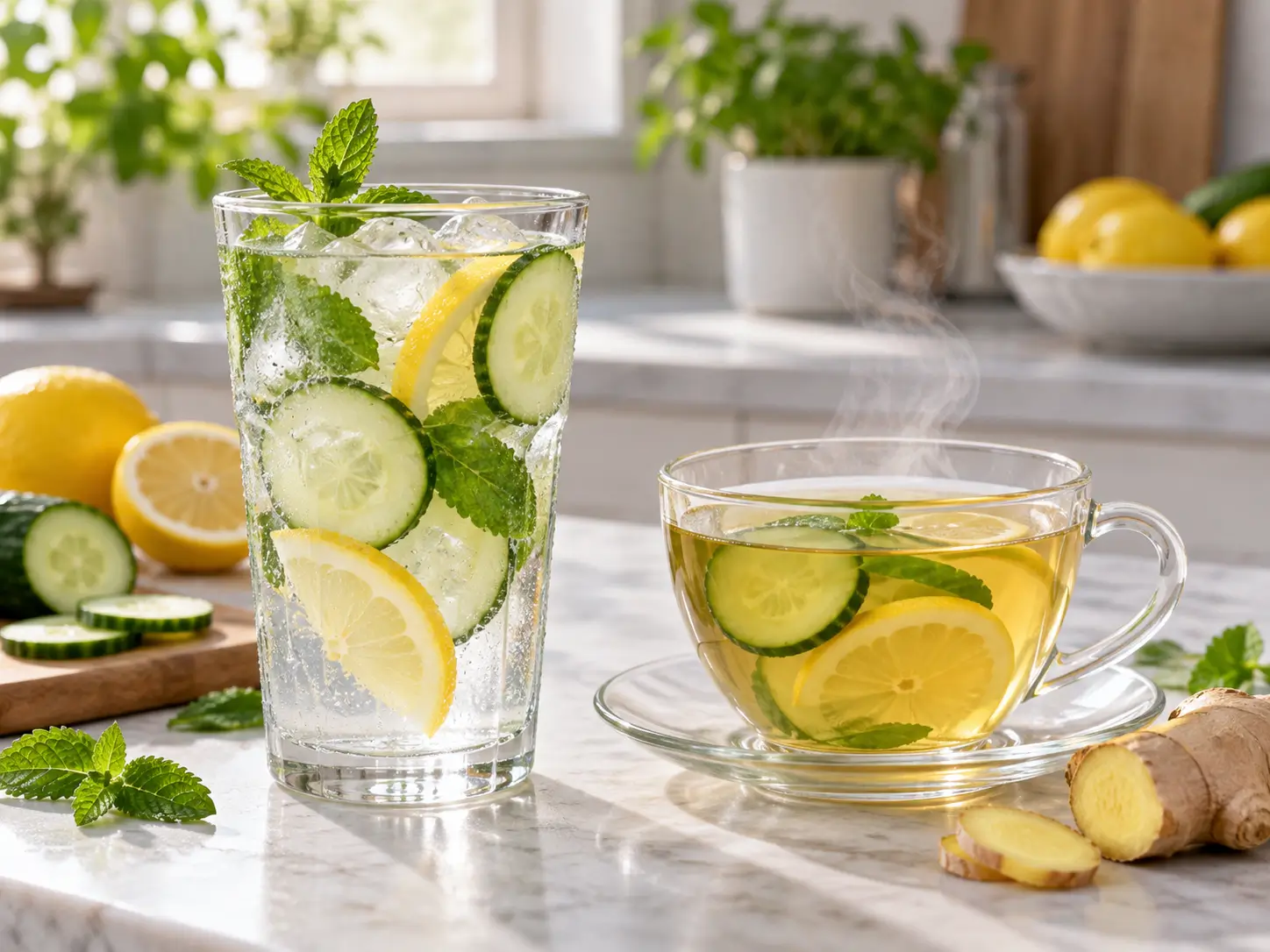 Gurken-Zitronen-Tee und Gurken-Zitronen-Wasser im Vergleich