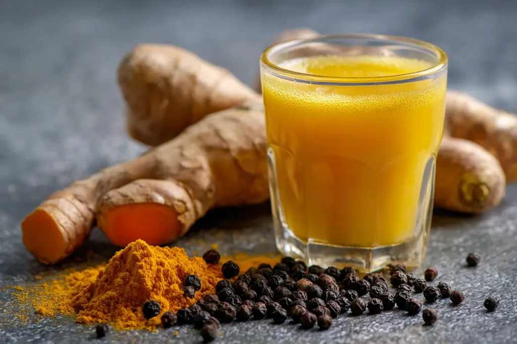 Ingwer-Shots mit Kurkuma und Zitrone in kleinen Gläsern – konzentriertes Hausmittel zum Abnehmen