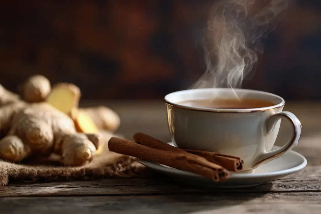 Ingwer-Zimt-Tee in einer Tasse – beliebtes Hausmittel zur Stoffwechselanregung und bei Bauchfett