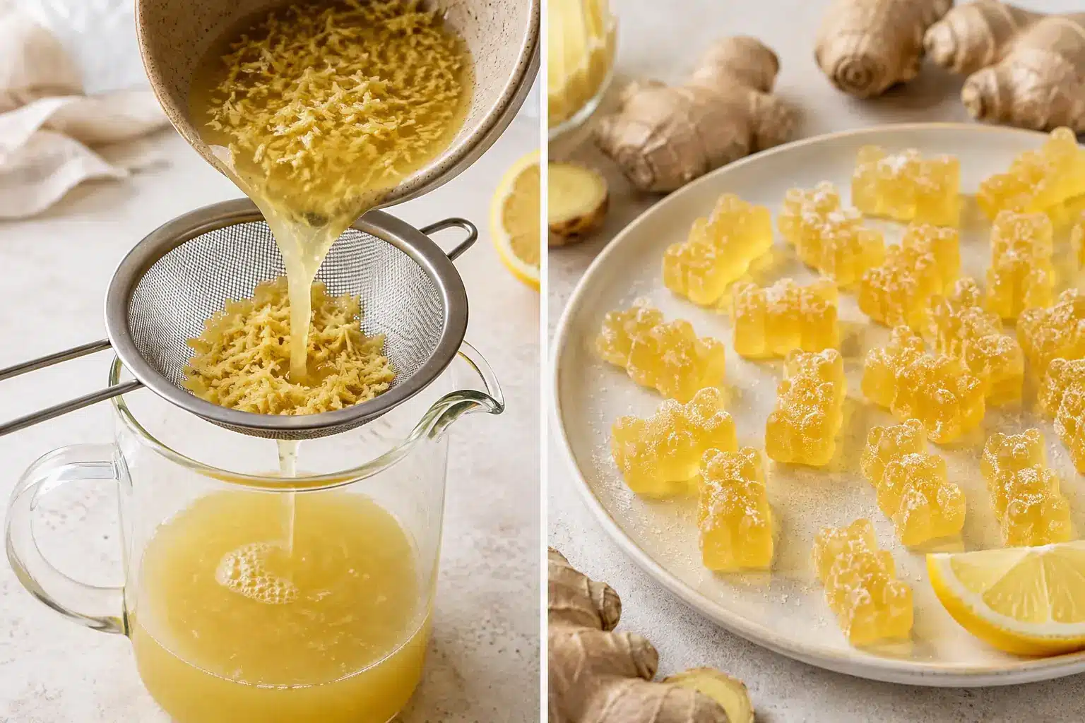 Ingwer-Zitronensaft abseihen und fertige Ingwer-Zitrone-Gummibärchen