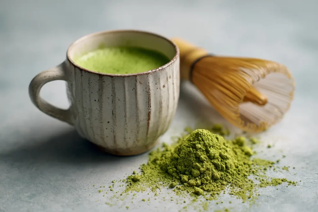 Matcha zum Abnehmen – Nahaufnahme von Matcha‑Tee mit Pulver