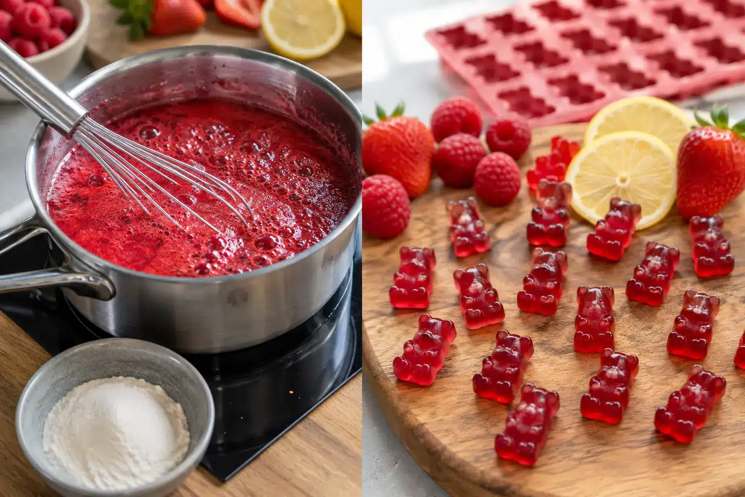 Fruchtmasse mit Agar-Agar aufkochen und fertige vegane Gummibärchen