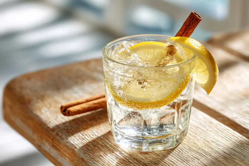 Apfelessig Soda Drink mit Zitrone und Zimt auf Holztisch