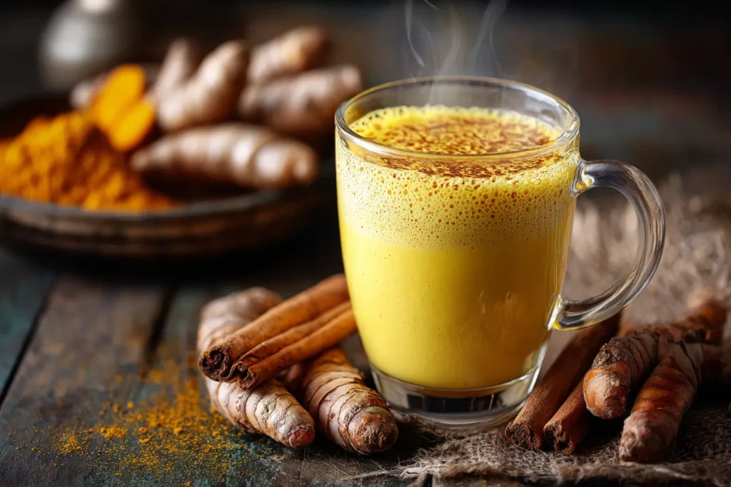 Goldene Milch im Glas mit Kurkuma und Zimt auf Holztisch