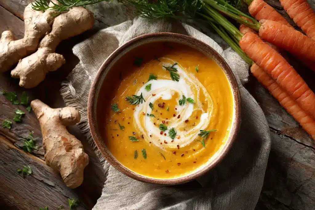 Cremige Karotten-Ingwer-Suppe mit Kokosmilch in Schale serviert