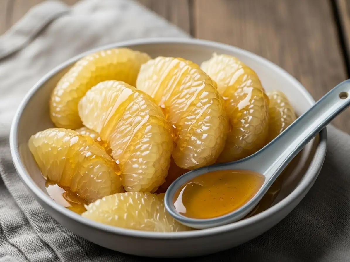 Honig Pomelo in Schale mit Minze angerichtet