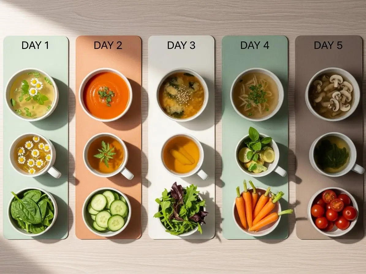 Scheinfasten 5-Tage-Plan mit Suppen und Gemüse auf Tisch