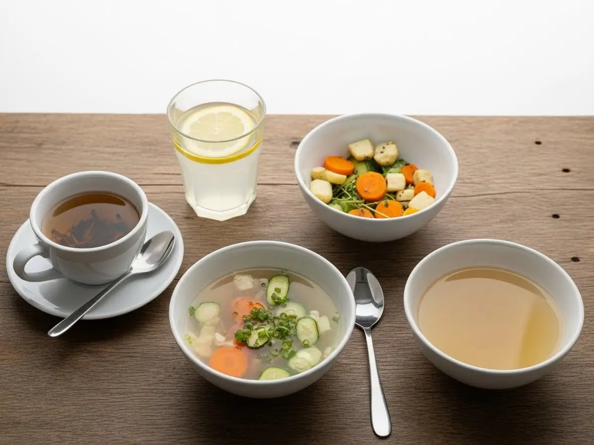 Scheinfasten Tagesplan mit Frühstück, Mittag- und Abendessen auf einem Tisch
