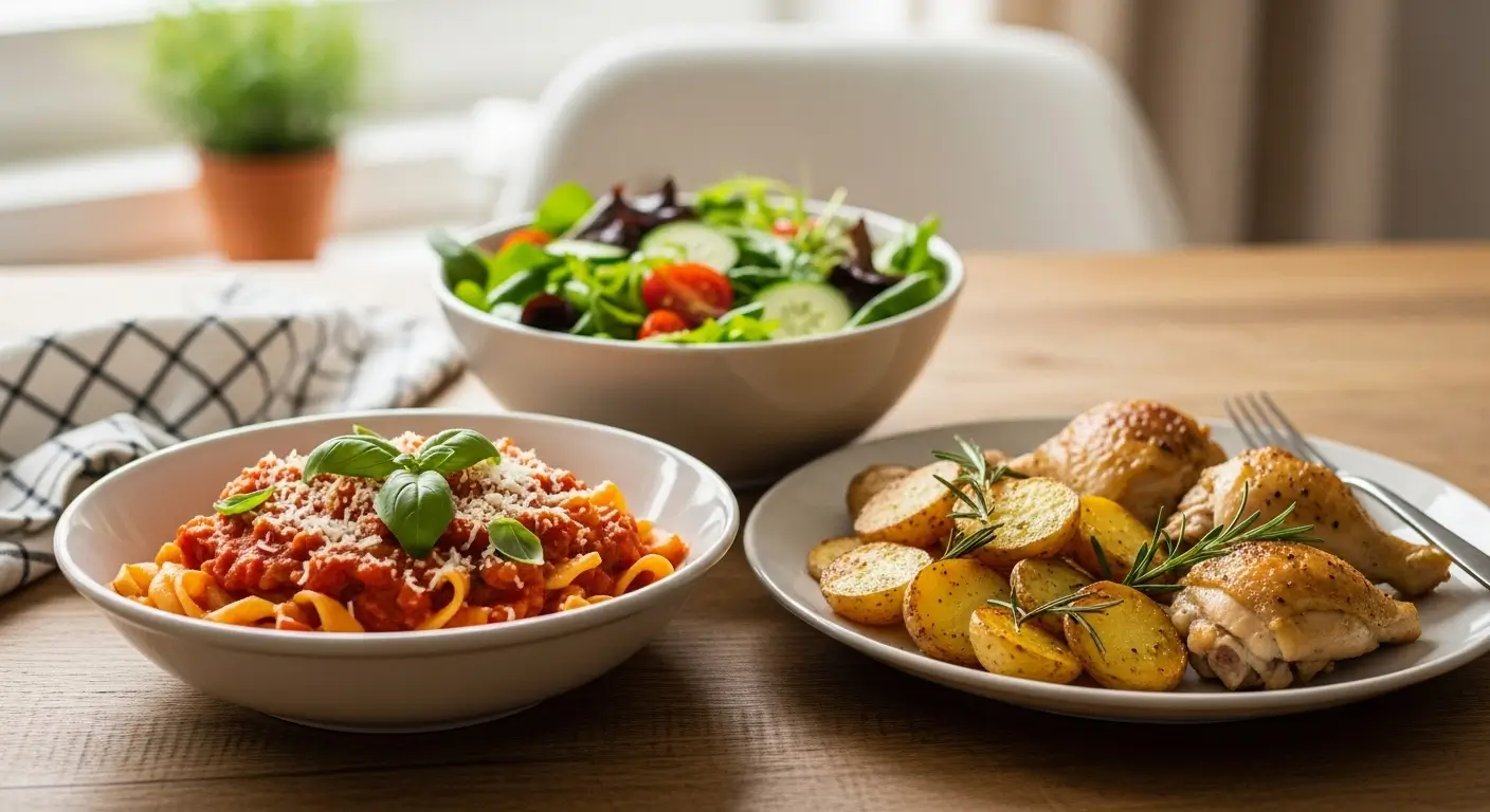 Schmeckt immer Rezepte mit Pasta, Ofenhähnchen und Salat auf einem Tisch