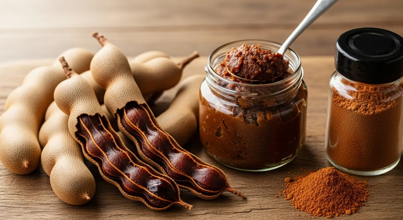 Tamarinde kaufen – Frucht, Paste und Pulver auf einem Holzbrett