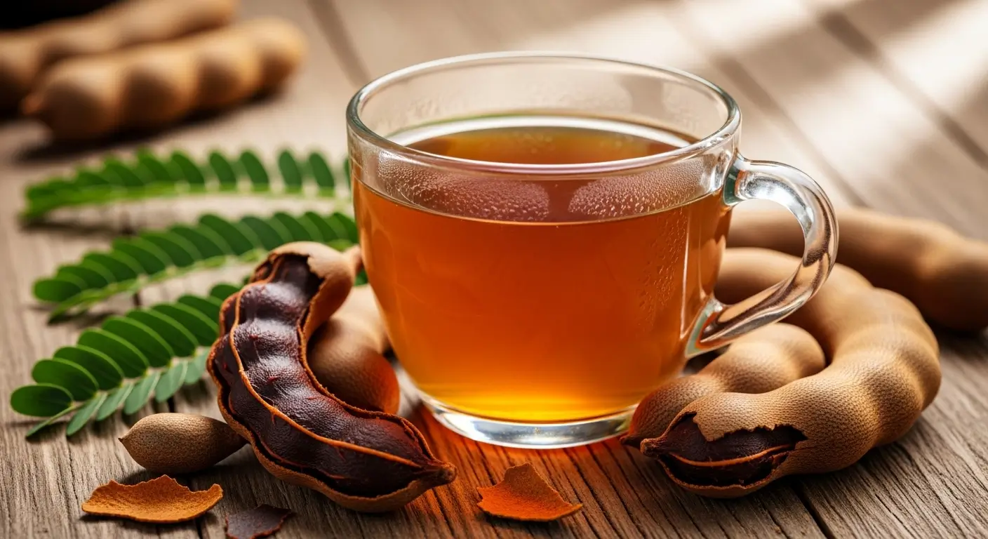 Tamarinde Tee in Glas mit Tamarindenfrucht auf Tisch
