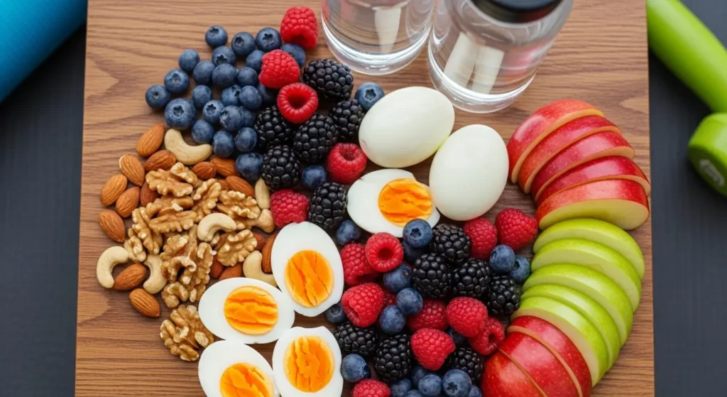 Übersicht gesunder Snacks wie Nüsse, Eier und Obst auf einem Tisch