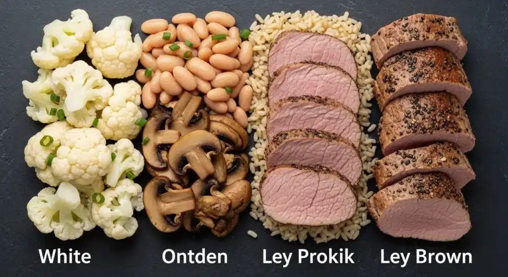Buntes gesundes Essen (Gemüse, Obst, Proteine) nach Regenbogenfarben sortiert
