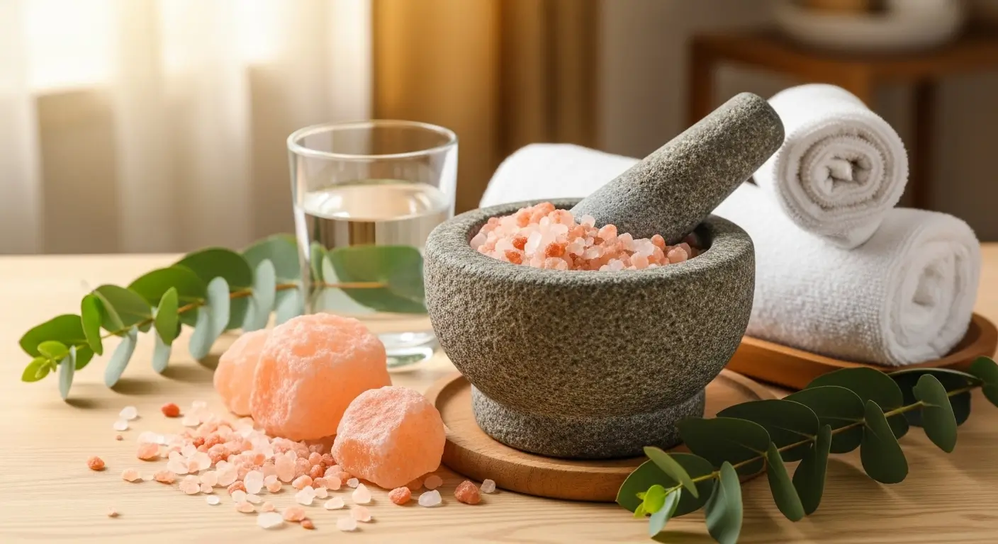 Wellness-Arrangement mit rosa Himalaya Salz im Mörser und frischem Eukalyptus