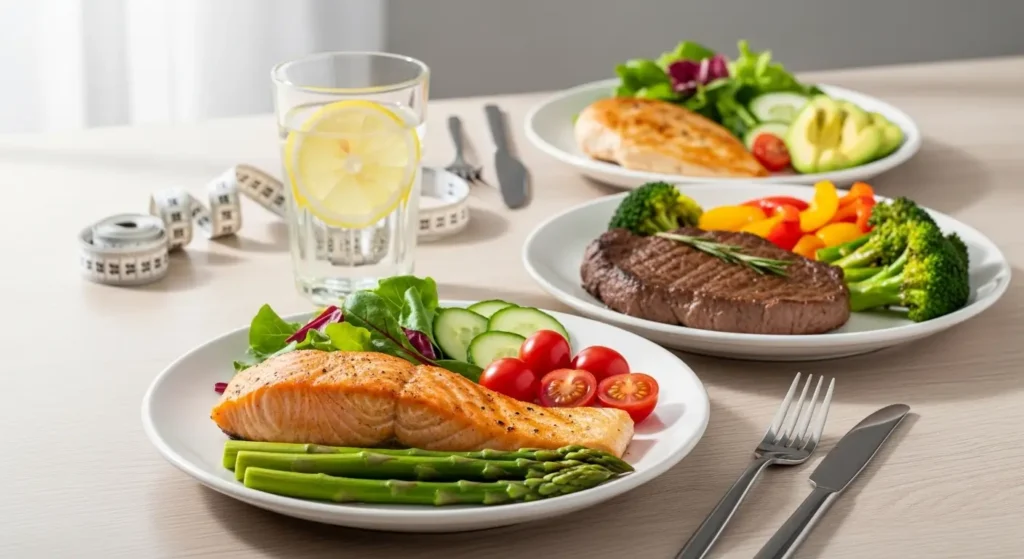 Konzeptbild für Low Carb Ernährungsplan mit gesunden Mahlzeiten auf Tellern