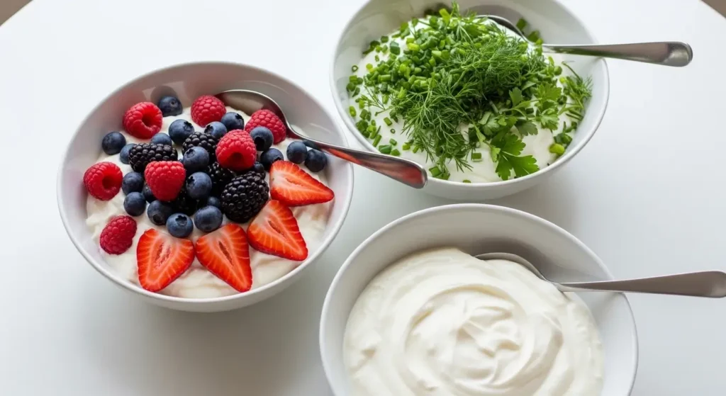 Drei Schalen mit Quark Variationen: Beeren, Kräuter und Natur