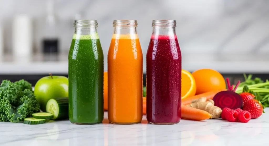 Drei Glasflaschen mit frisch gepresstem Saft in Grün, Orange und Rot