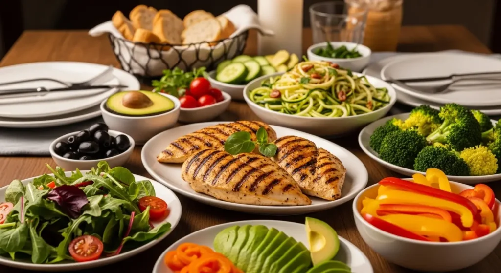 Gedeckter Tisch mit verschiedenen schnellen Low Carb Gerichten für das Abendessen