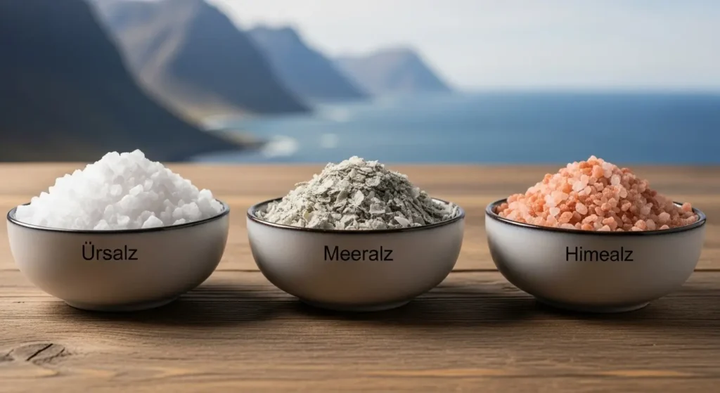 Drei Schalen mit weißem Ursalz, grauem Meersalz und rosa Himalaya Salz auf einem Holztisch
