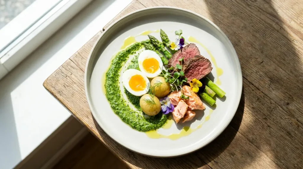 Grüne Sauce serviert mit Kartoffeln Ei Lachs und Spargel